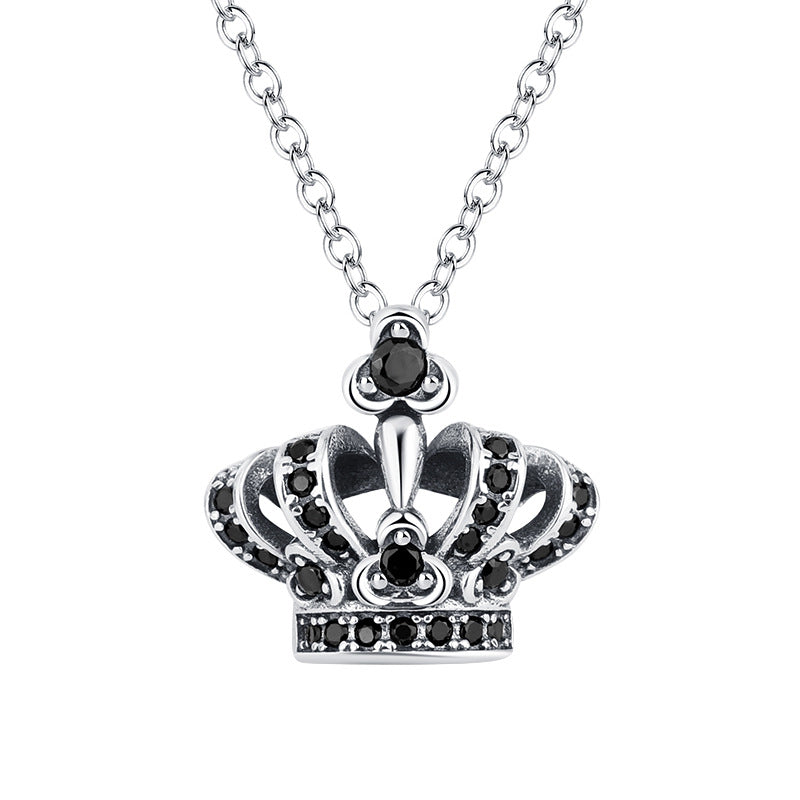 S925 Sterling Silver Black Zircon Small Thai Silver Crown Pendant Retro Worn Necklace Obsesie