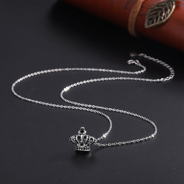 S925 Sterling Silver Black Zircon Small Thai Silver Crown Pendant Retro Worn Necklace Obsesie