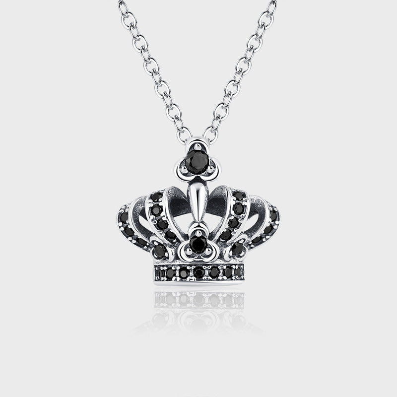 S925 Sterling Silver Black Zircon Small Thai Silver Crown Pendant Retro Worn Necklace Obsesie