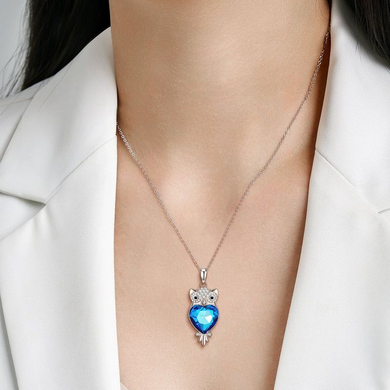 S925 Sterling Silver Blue Crystal Owl Love Necklace Obsesie