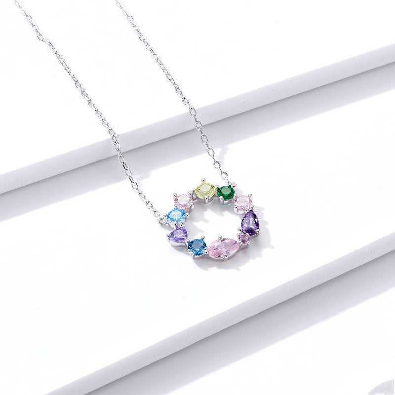 S925 Sterling Silver Charm Colorful Gems Wreath Necklace Obsesie