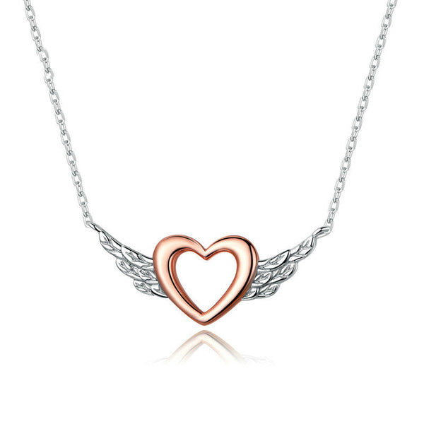 S925 Sterling Silver Charm Love Wings Heart Rose Gold Plated Clavicle Chain Necklace Obsesie