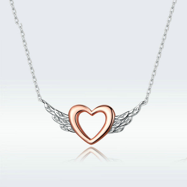 S925 Sterling Silver Charm Love Wings Heart Rose Gold Plated Clavicle Chain Necklace Obsesie