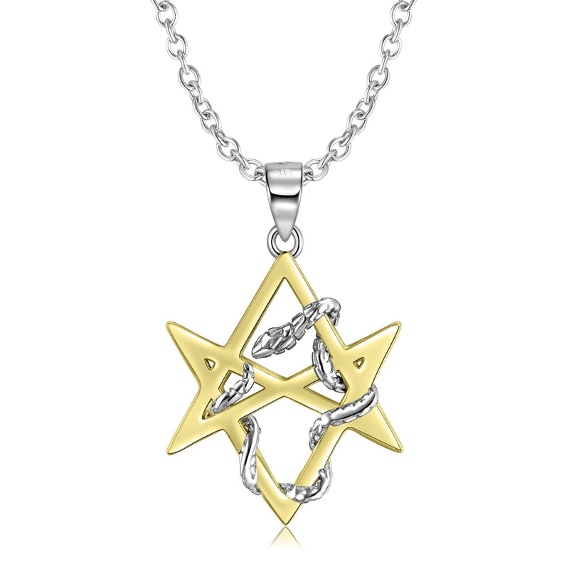 S925 Sterling Silver Entwined Snake Star Pentagram Pendant Necklace Obsesie