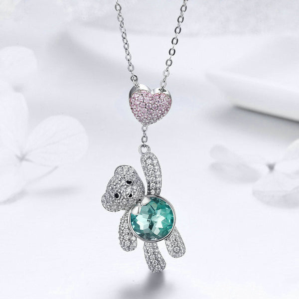 S925 Sterling Silver Little Teddy Bear Love Heart Necklace Obsesie