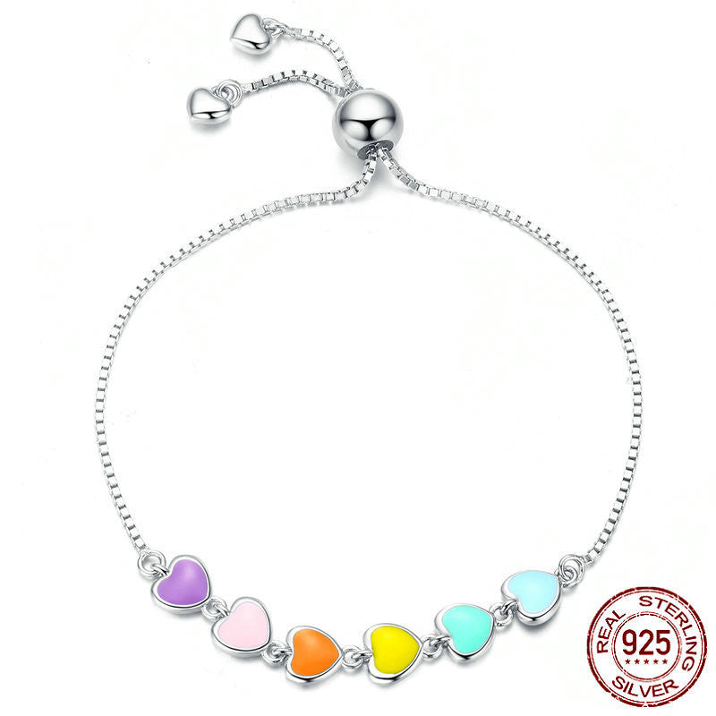 S925 Sterling Silver Rainbow Hearts Bracelet Obsesie