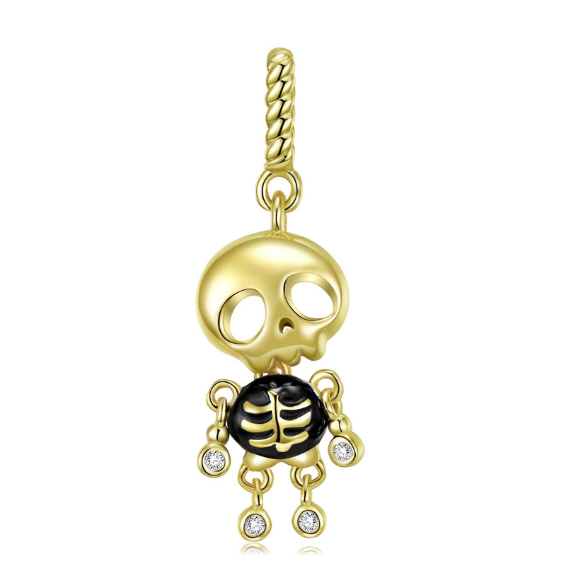 S925 Sterling Silver Skeleton Pendant Skull Puppet Necklace Gold Plated Chain Obsesie