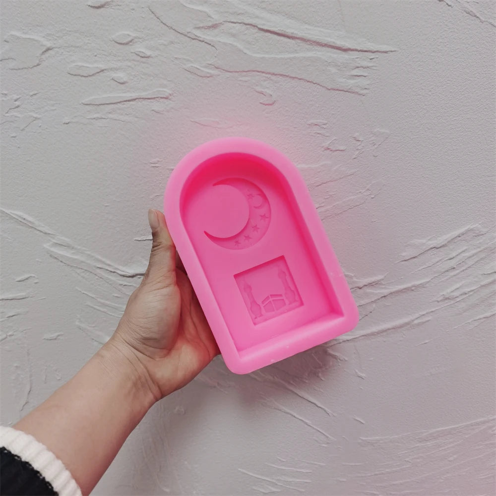 Pink silicone Ramadan arch mold with crescent and panel cavities