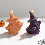 Front and side views of pointed hat ghost witch with broom