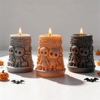 Three pillars with skeleton characters and raised Halloween lettering