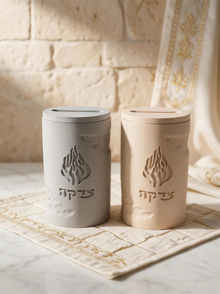 Two cylindrical tzedakah boxes with coin slots and alternate Hebrew relief designs