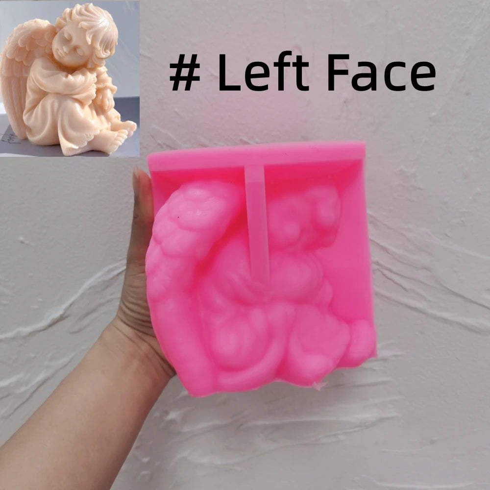 Pink silicone mold labeled Left Face for the Cherub Left seated design
