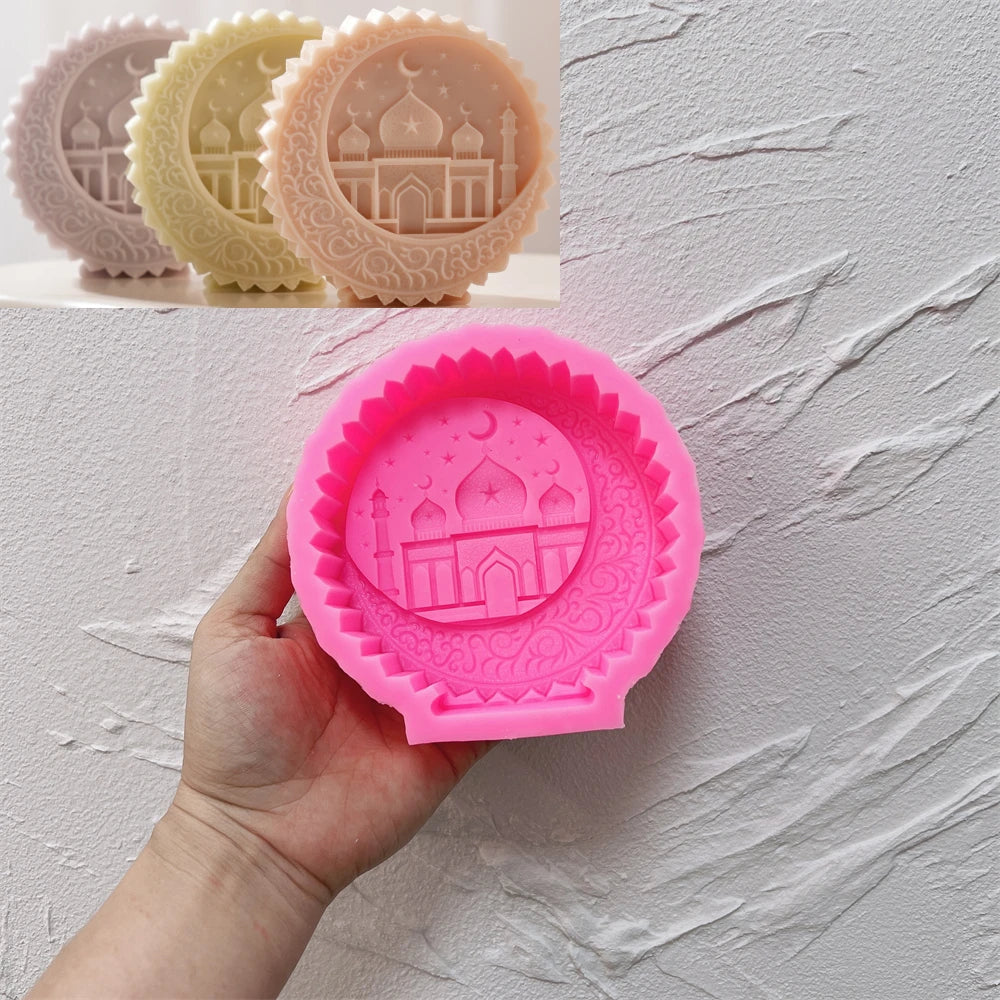 Pink silicone mold for circular Ramadan-inspired relief medallion