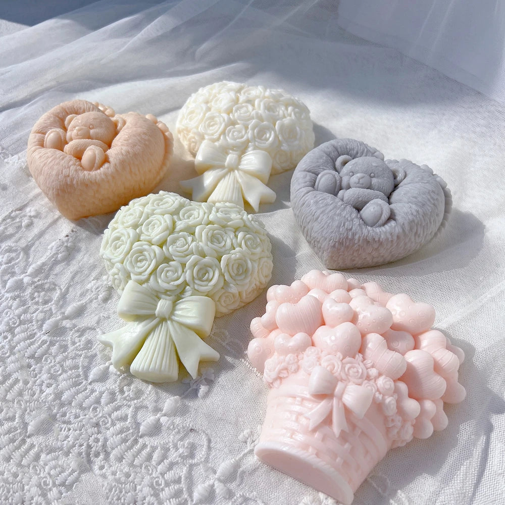 Rose bouquet examples beside round flower display props