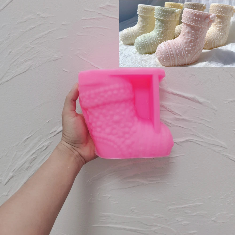 Pink silicone mold for Christmas stocking with shaped foot