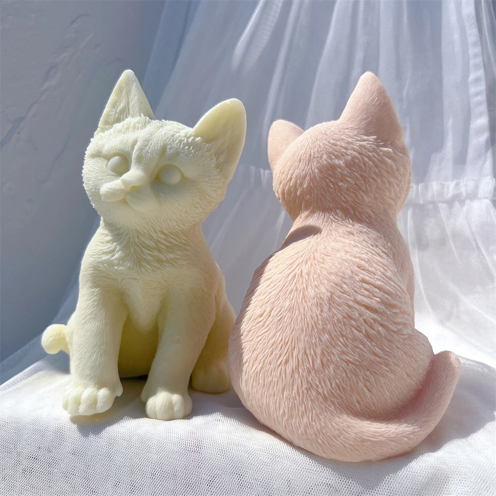 Rear of peach cat beside front-facing cream cat