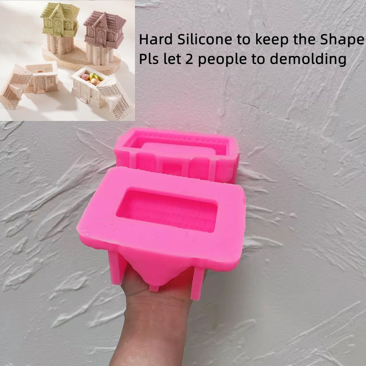 Pink Short House container molding pieces with two-person demolding guidance