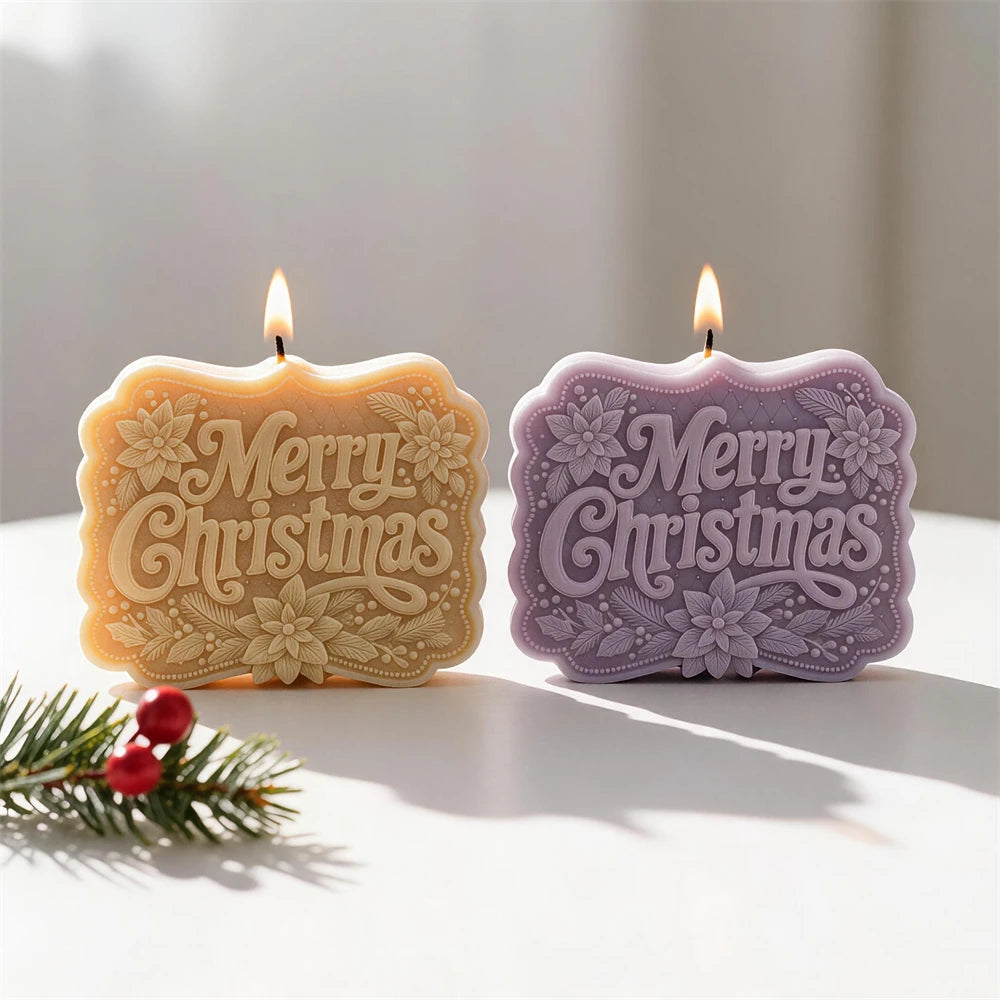 Gold and purple Merry Christmas sign candles with floral borders