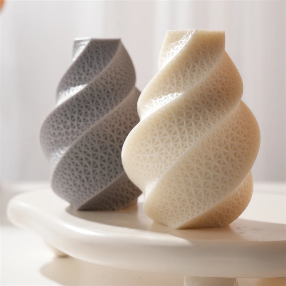 Angled view of lattice-textured spiral pillars