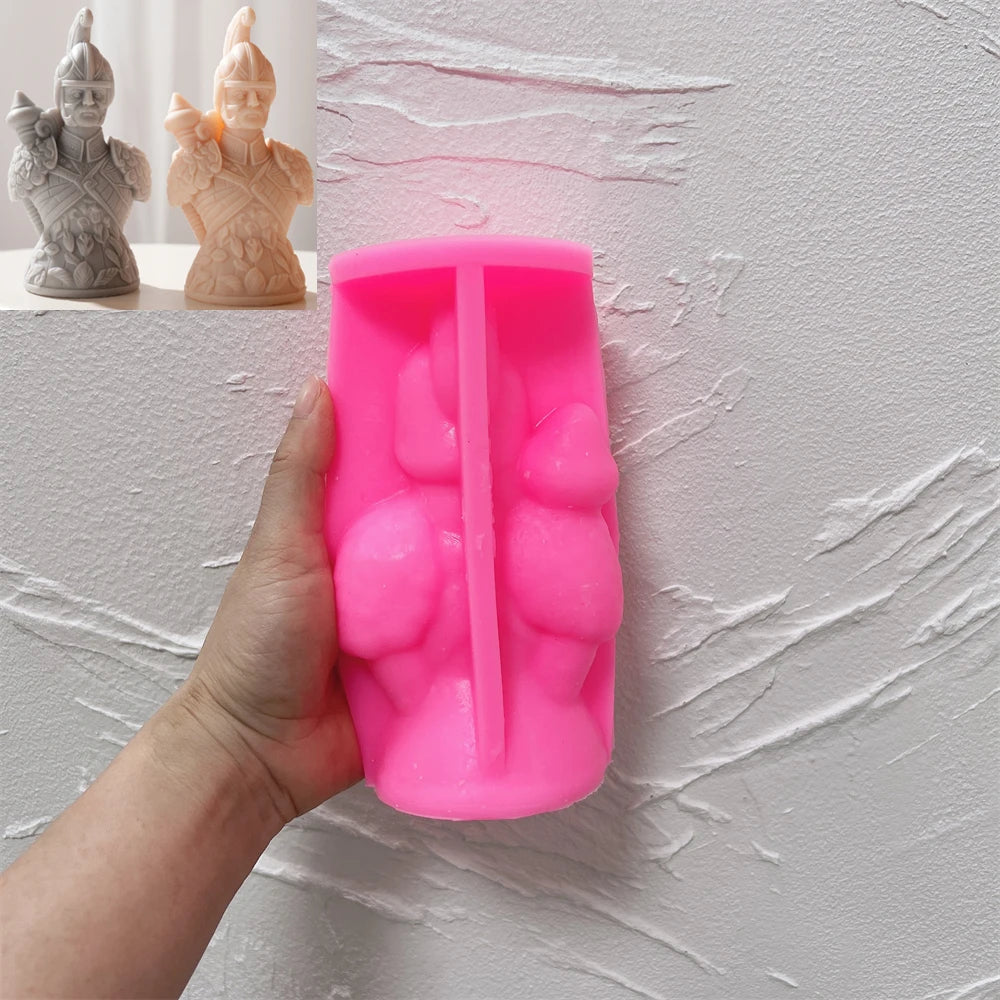 Pink SZ812 helmeted chess figure mold beneath finished examples