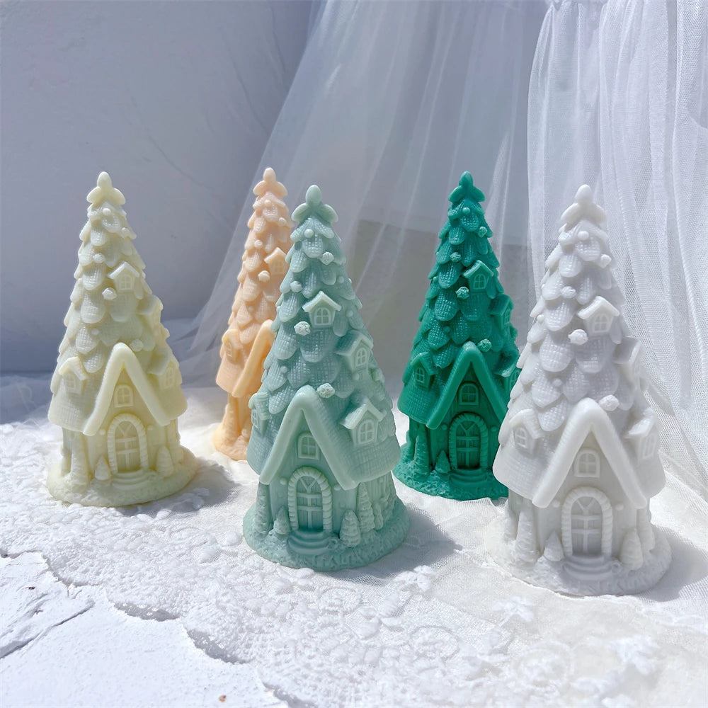 Five tree cottage candles with pitched entrance roofs