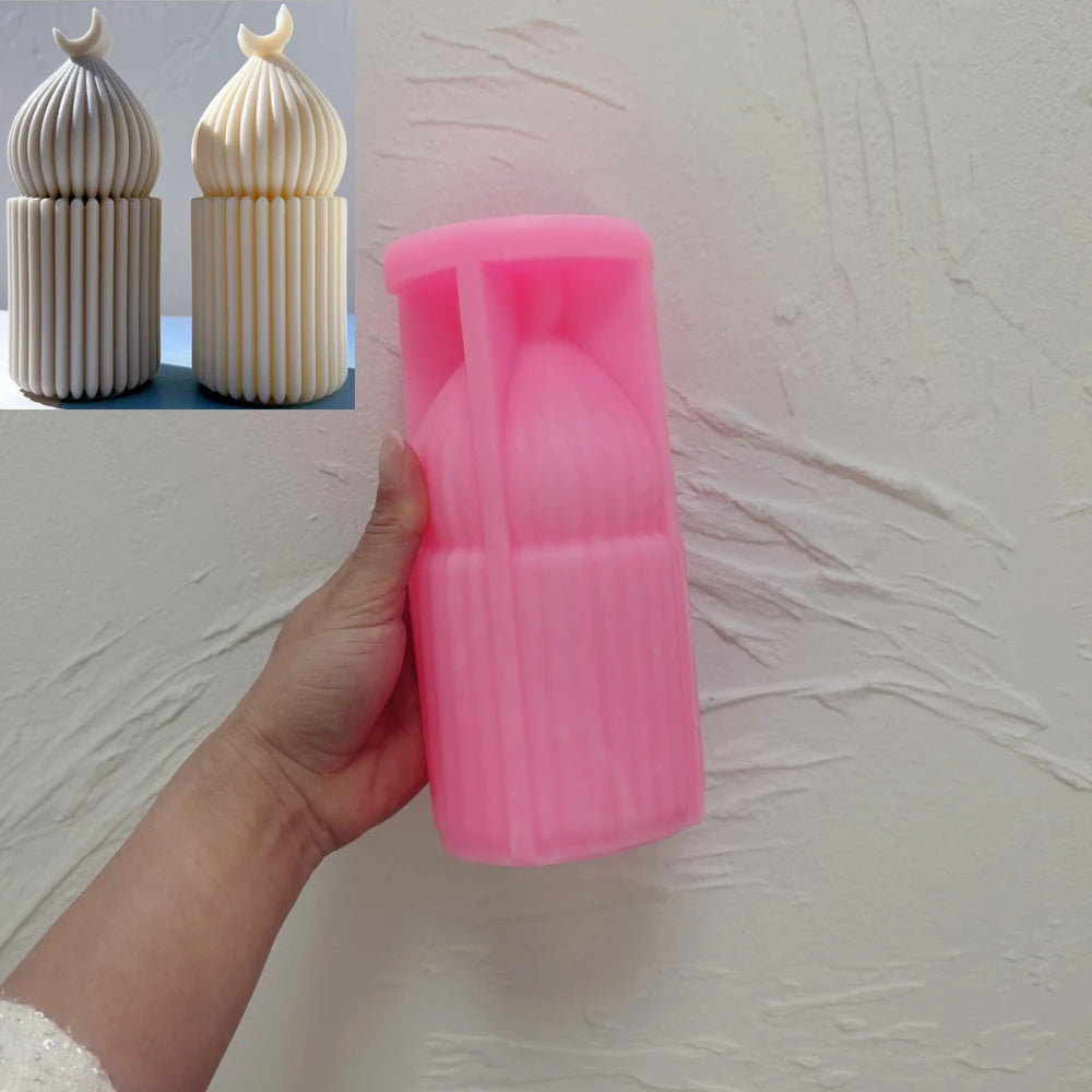 Pink silicone Fluted Dome Pillar mold held open