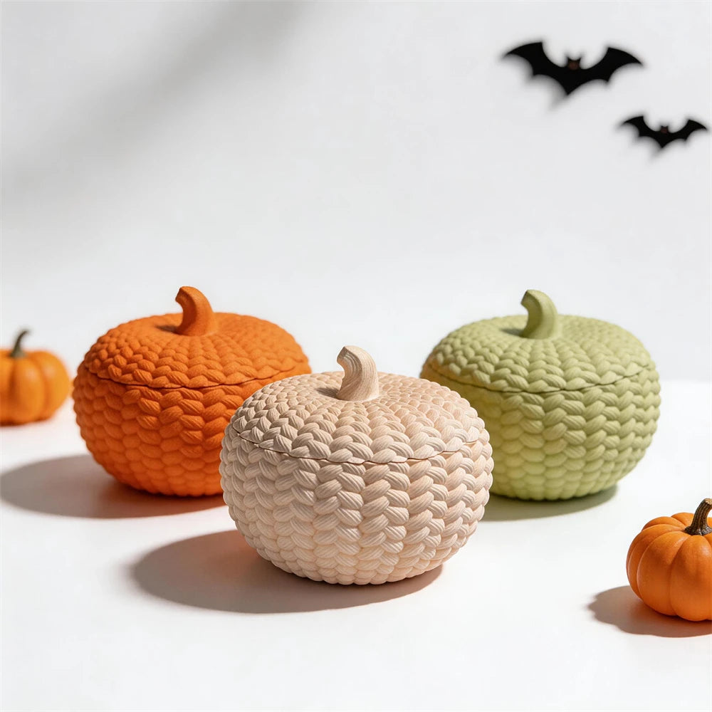 Three closed knitted pumpkin containers in autumn colors