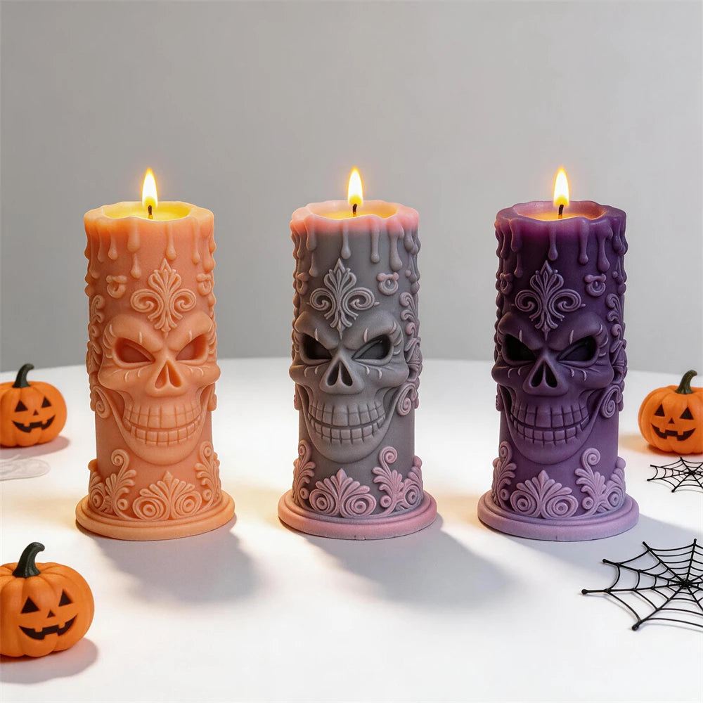 Orange, gray and purple ornate skull pillar candle examples