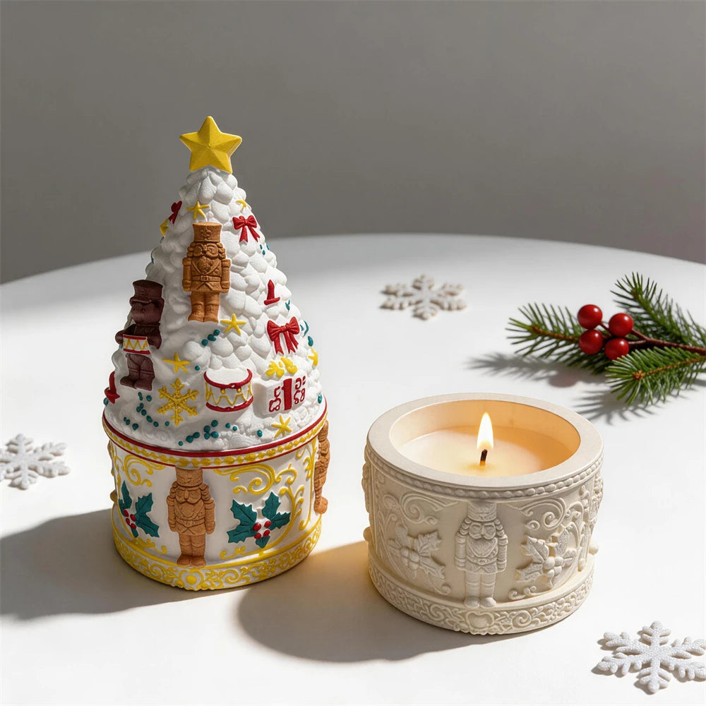 Nutcracker Christmas tree lidded vessel beside a lit cast container sample