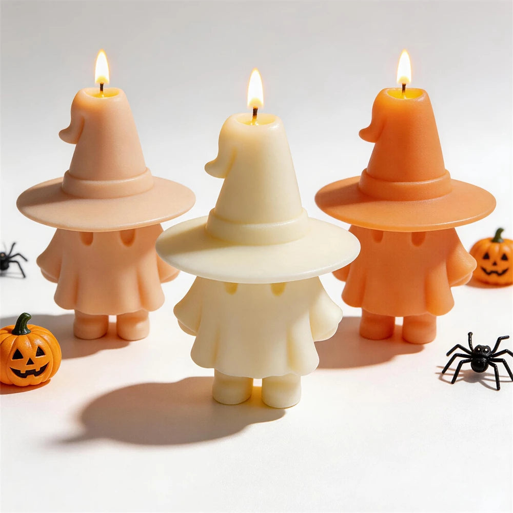Three draped ghost figures with oval eyes and small boots