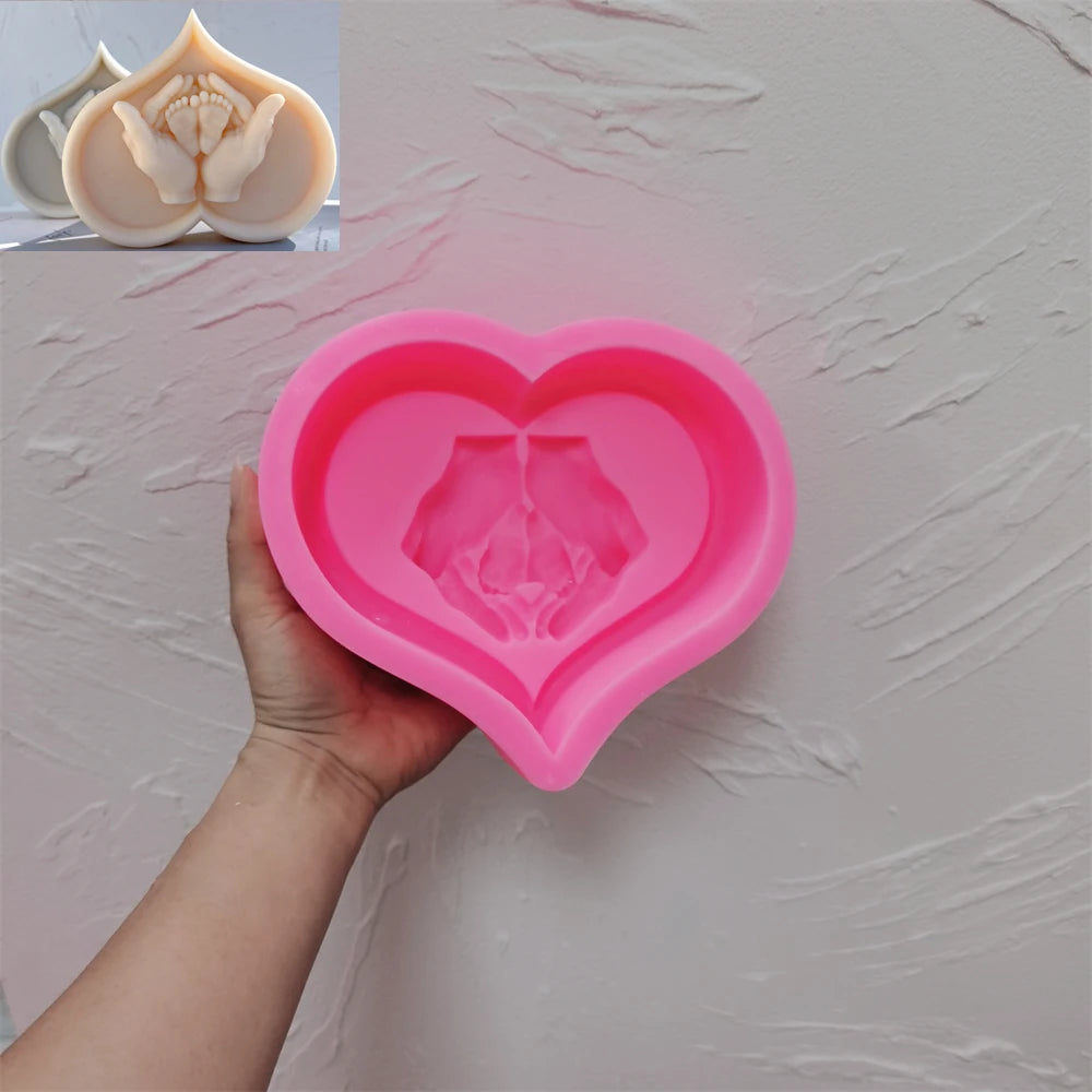 Pink heart-shaped silicone mold for Heart Hands with baby feet relief