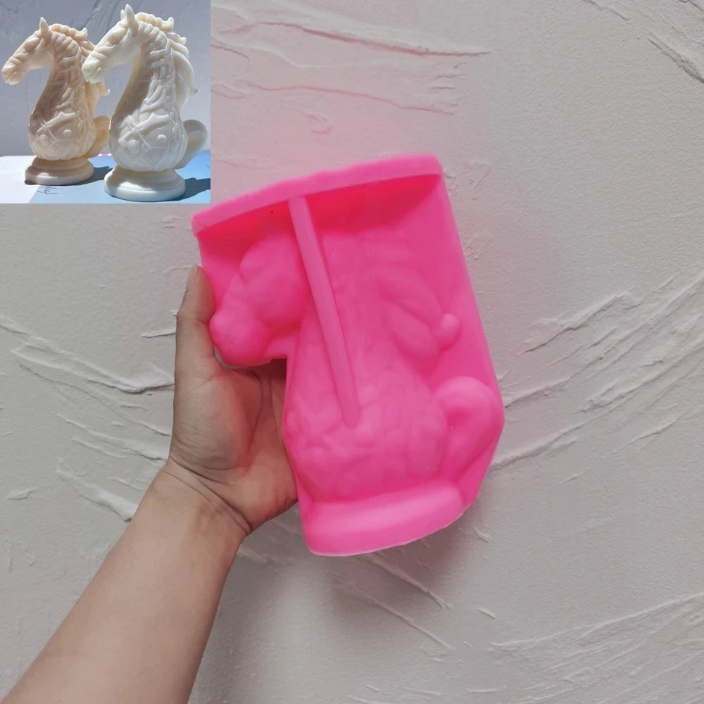 Pink knight silicone mold beside horse-head casting examples