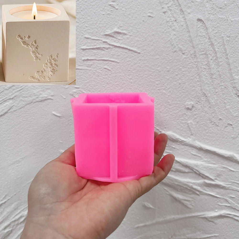 Pink silicone mold for rectangular floral relief candle holder style SZ832