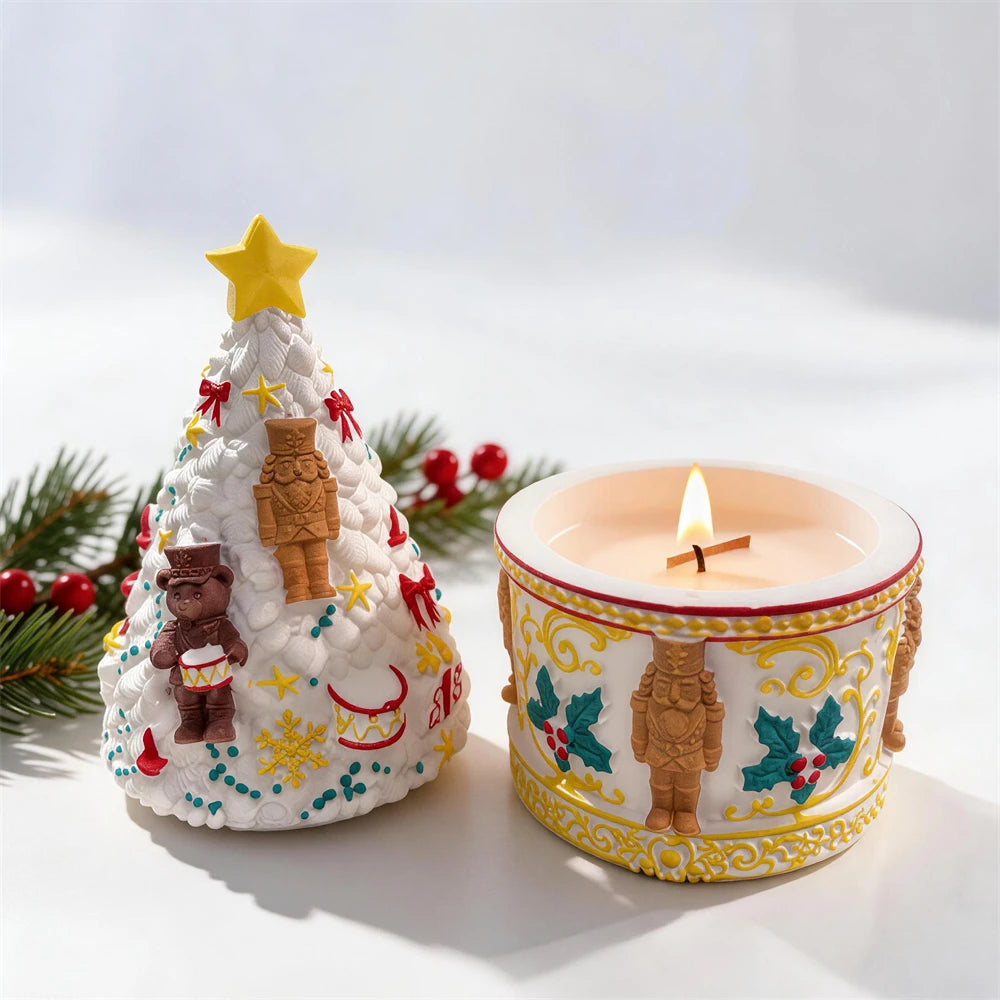 Tree-shaped decorated lid beside cylindrical nutcracker vessel with lit wick