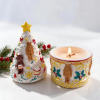 Tree-shaped decorated lid beside cylindrical nutcracker vessel with lit wick