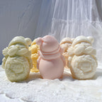 Plain rear profile beside front views of the hugging snowman design