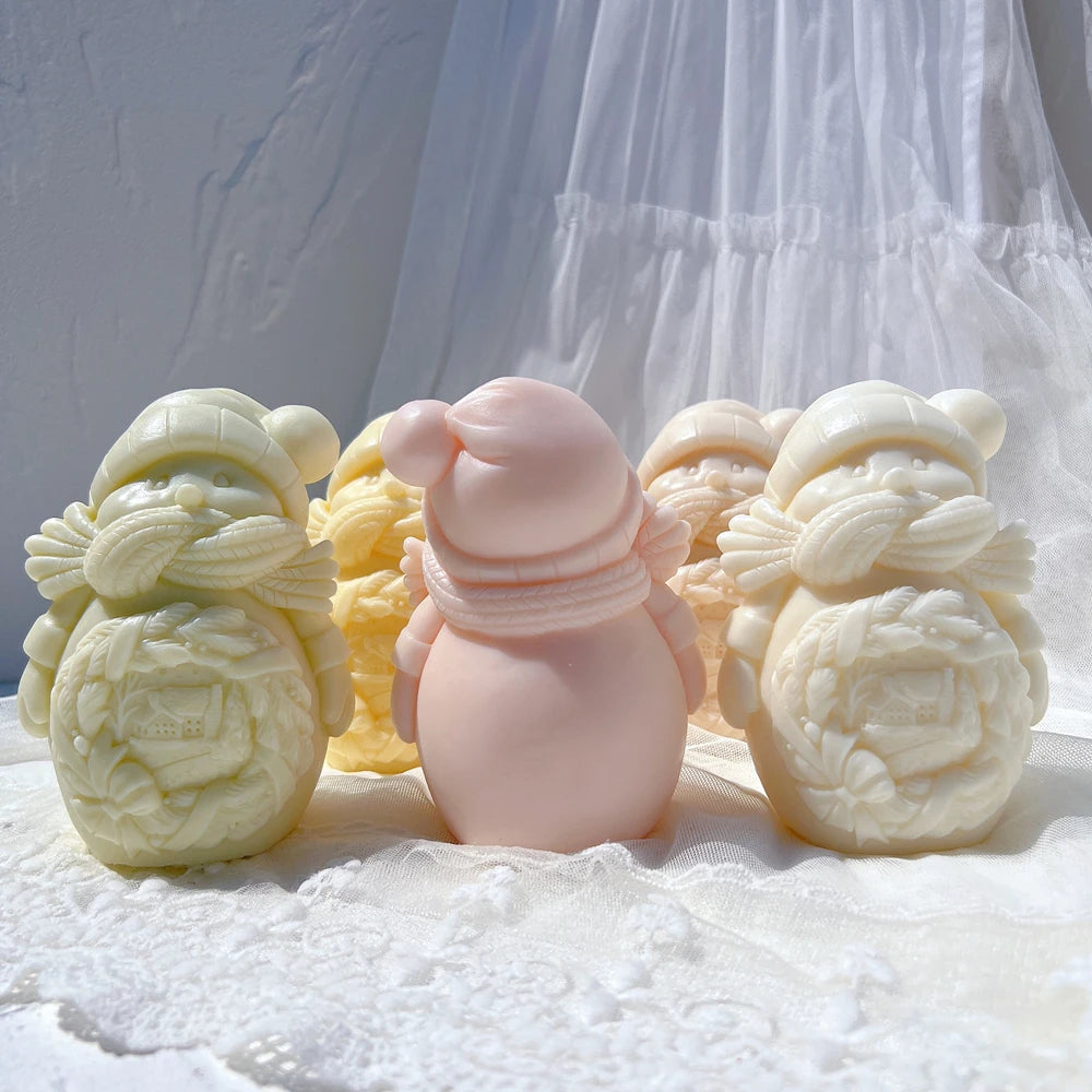 Plain rear profile beside front views of the hugging snowman design
