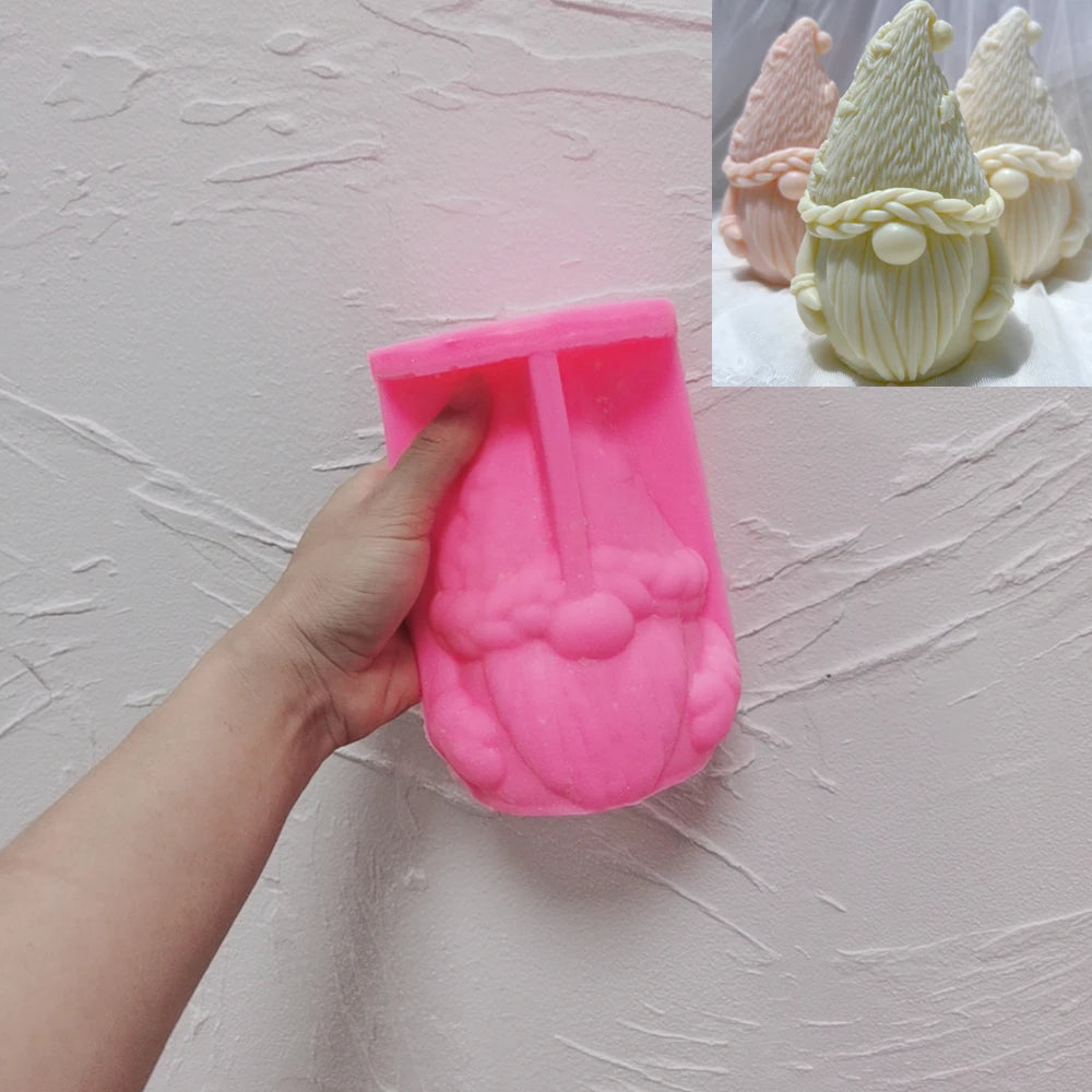 Pink silicone mold for rounded gnome with knit hat and beard