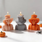 Front and rear views of top hat skeleton candle samples showing the jacket and ribcage