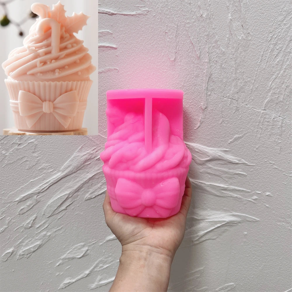 Pink Bow Cupcake silicone mold with matching finished example
