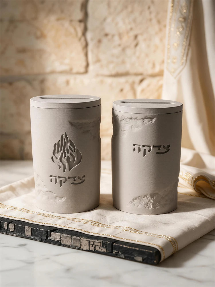 Gray flame-emblem and plain-text cylindrical tzedakah donation box castings