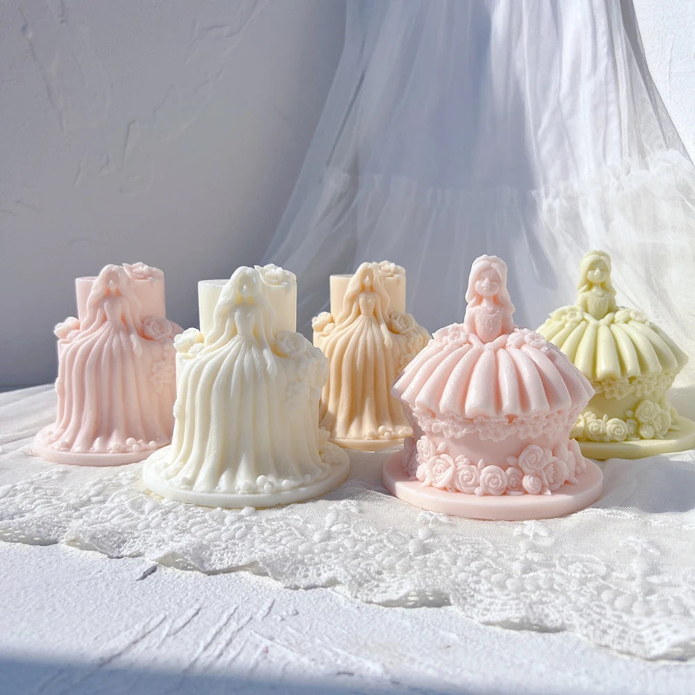 Princess gown and doll cake castings in pastel colors