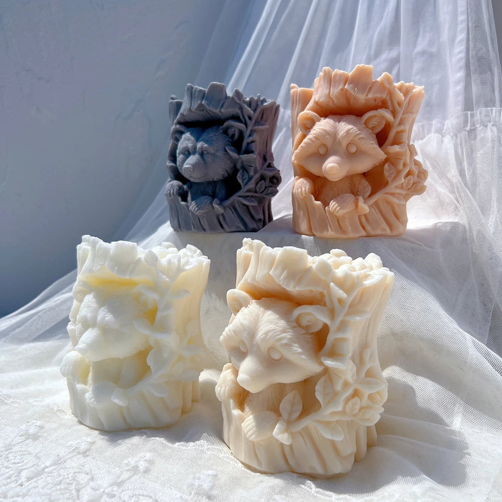 Woodland animal trunk candles with textured bark rims