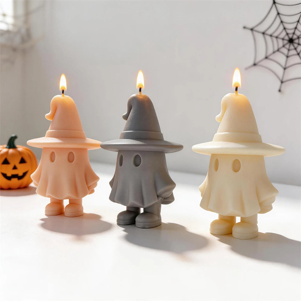 Angled view of three ghost castings with broad hat brims