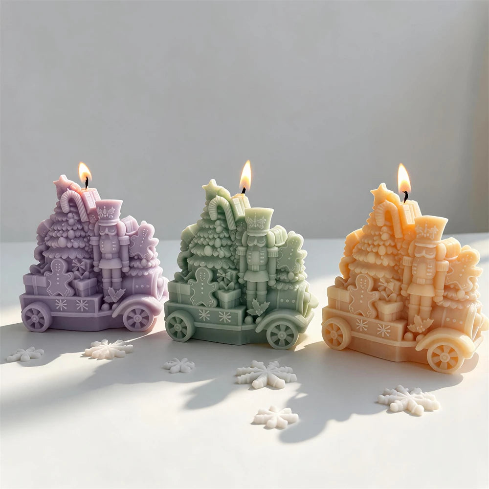 Three toy-train scenes carrying trees, presents and nutcracker figures