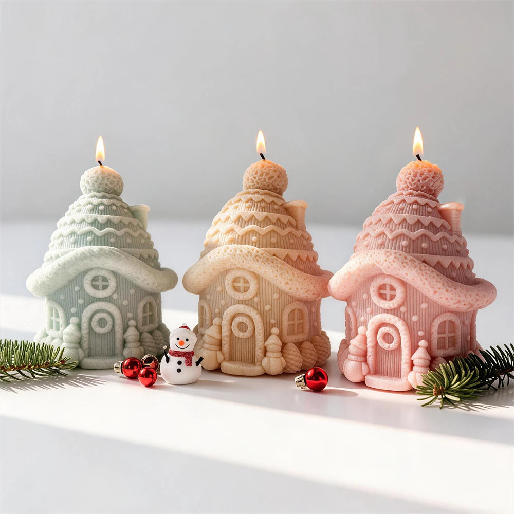 Front view of three snow roof cottage candles with round upper windows