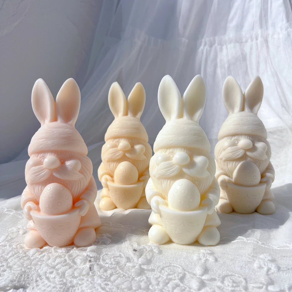Bearded bunny gnomes holding eggs in front