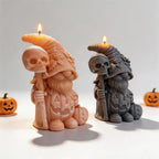 Halloween gnome candles with skull staffs and spider-detailed hats
