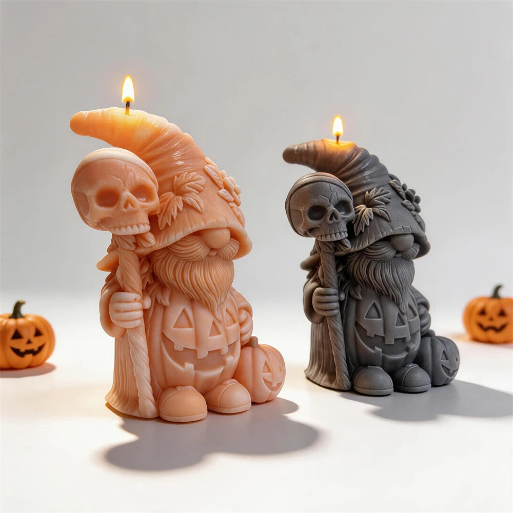 Halloween gnome candles with skull staffs and spider-detailed hats