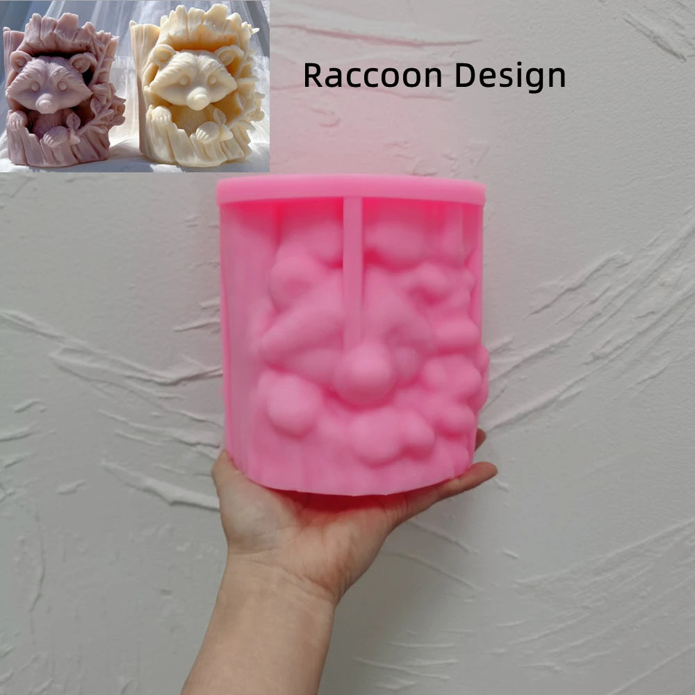 Pink Raccoon Design silicone mold beside raccoon trunk examples